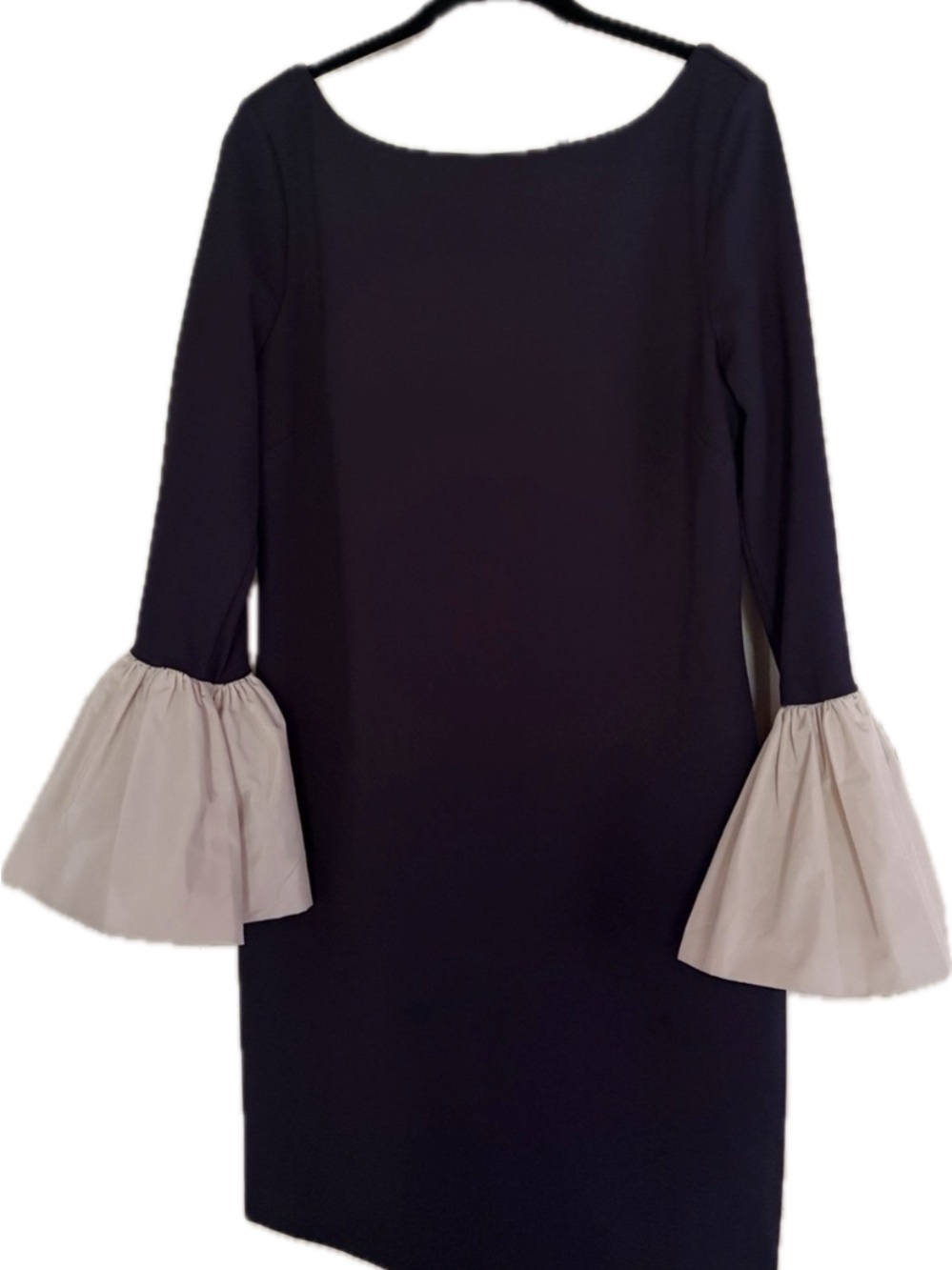 STAUD Blue Shift Dress with Cream Bell Sleeves